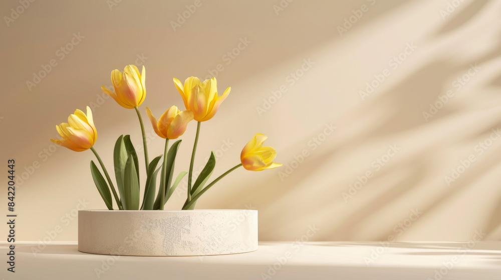 3d rendering of podium with yellow tulips on beige background. Minimal mockup scene for presentation design, closeup. Spring concept template. all focus, brightness 3d rendering of podium with yellow tulips on beige background. Minimal mockup scene for presentation design, closeup. Spring concept template. all focus, brightness