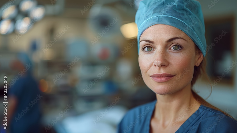 Female surgeon in operating room. Portrait of a female surgeon in sterile attire, standing confidently in a well-lit operating room with her team in the background. Female surgeon in operating room. Portrait of a female surgeon in sterile attire, standing confidently in a well-lit operating room with her team in the background.