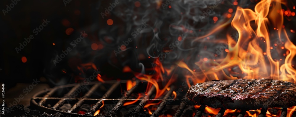 Grilled meat steak on stainless grill depot with burning flames on a black background. Food and cuisine Barbeque concept. Grilled meat steak on stainless grill depot with burning flames on a black background. Food and cuisine Barbeque concept.