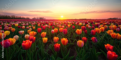 Tulip Field in Full Bloom at Sunrise. Expansive tulip field in full bloom during sunrise, with a colorful sky and endless rows of flowers.