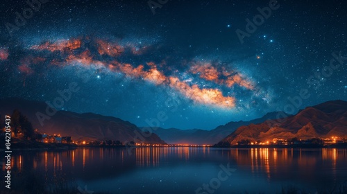 Milky Way Over Serene Lakeside Village. Stunning view of the Milky Way galaxy illuminating the night sky over a tranquil lakeside village with mountains.