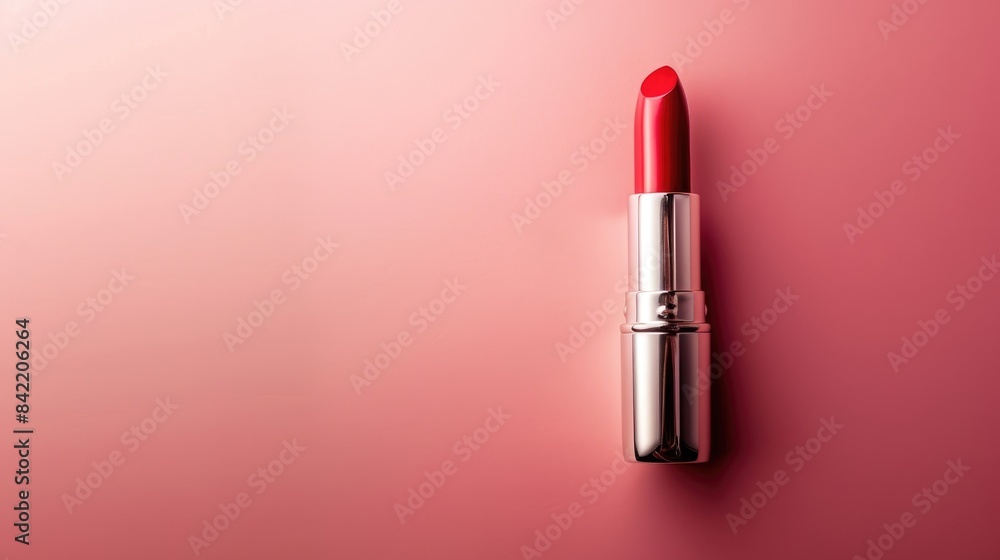 Obraz premium Add a touch of elegance: Red lipstick stick on a delicate pink background, a symbol of confidence and sophistication