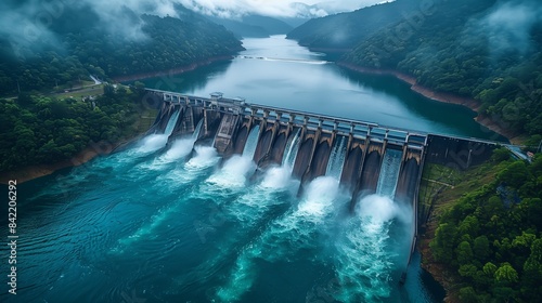 Hydroelectric dam with powerful water flow. Hydroelectric dam with powerful water flow, viewed from above, surrounded by misty mountains and lush greenery.