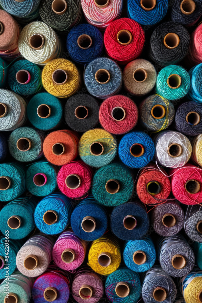 Fototapeta premium A tightly packed collection of spools of thread in various colors, filling the entire frame. The threads come in shades of red, blue, green, yellow, and pink, creating a vibrant and crafty background.