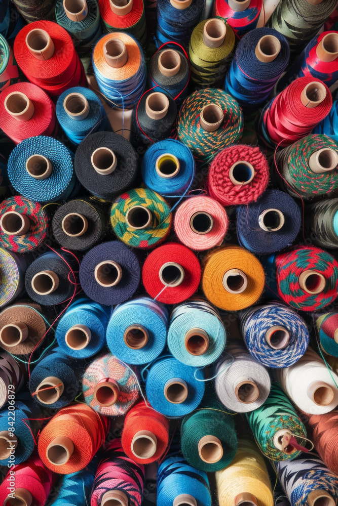 Fototapeta premium A tightly packed collection of spools of thread in various colors, filling the entire frame. The threads come in shades of red, blue, green, yellow, and pink, creating a vibrant and crafty background.
