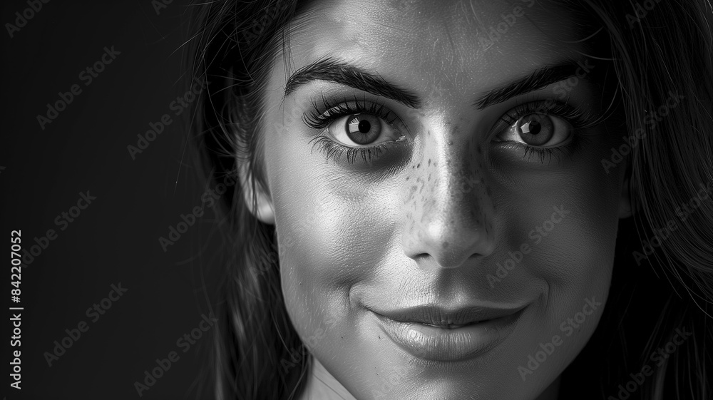A closeup of a smiling brunette woman with freckles, mixed race, authentic details. Black and white photo, portrait. A closeup of a smiling brunette woman with freckles, mixed race, authentic details. Black and white photo, portrait.