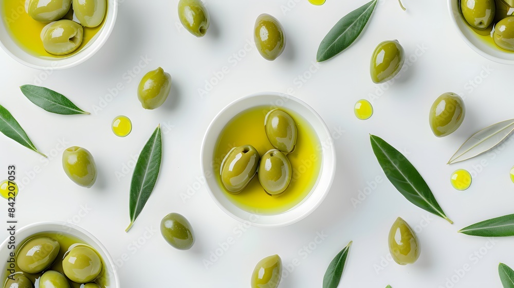 Delicious big green olives in an olive oil with leaves, isolated on white background, view from above Delicious big green olives in an olive oil with leaves, isolated on white background, view from above