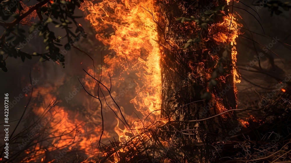 Raging Flames Engulfing a Tree in an Intense Forest Fire Raging Flames Engulfing a Tree in an Intense Forest Fire