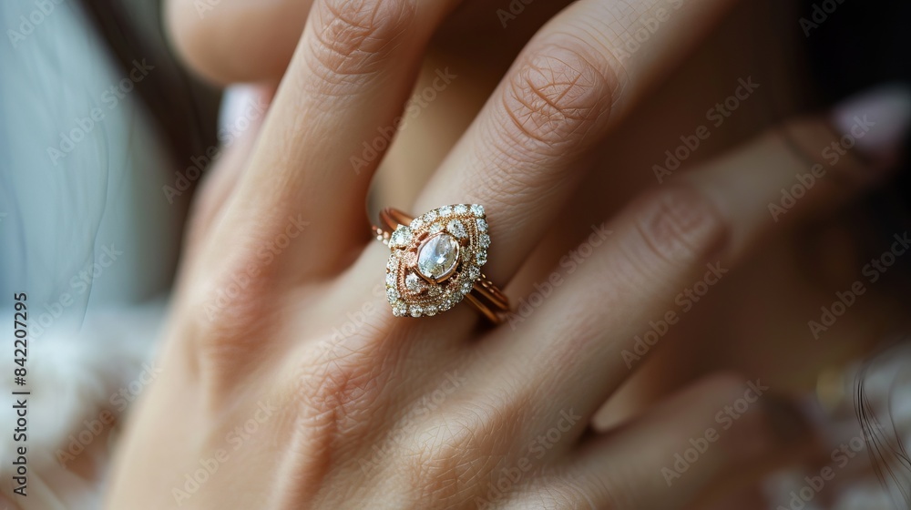 Sophisticated Jewelry Mockup: Close-Up of a Woman's Hand with a Detailed Ring Featuring Brilliant Gemstones, Highlighting Craftsmanship and Elegance Sophisticated Jewelry Mockup: Close-Up of a Woman's Hand with a Detailed Ring Featuring Brilliant Gemstones, Highlighting Craftsmanship and Elegance