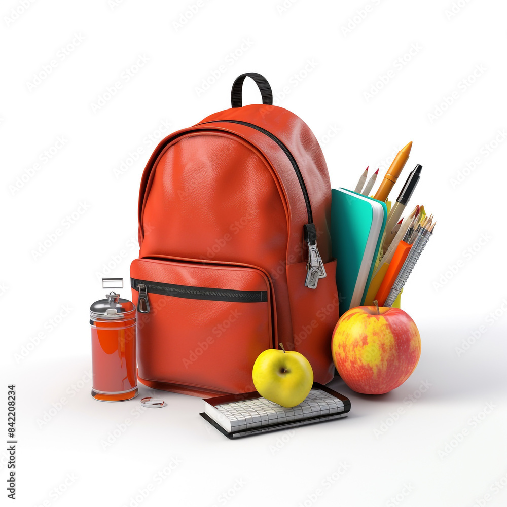 Back to school. Different school bag with stationery on background Back to school. Different school bag with stationery on background