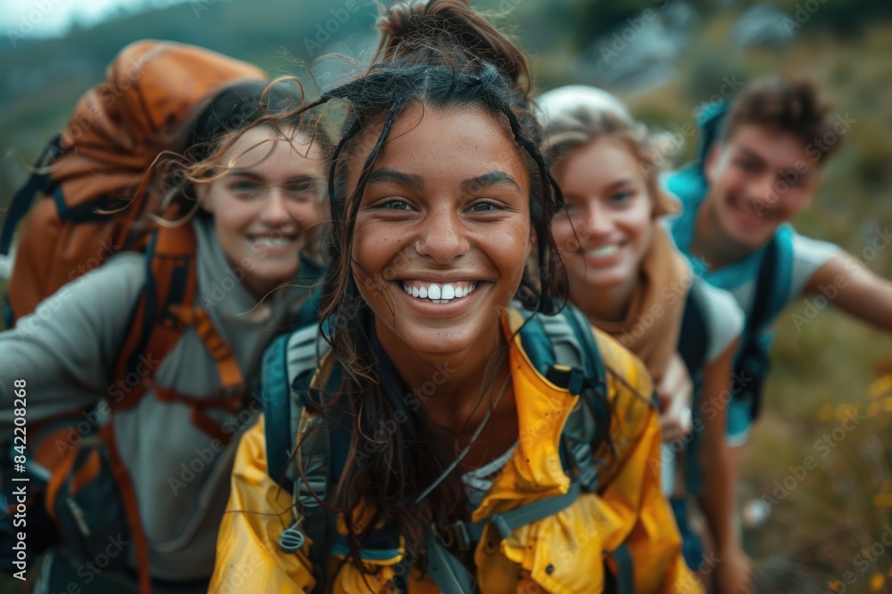Joyful adventurers, students portrait in nature vacation. capturing the cheer and camaraderie amidst camping, hiking, and breathtaking scenery.