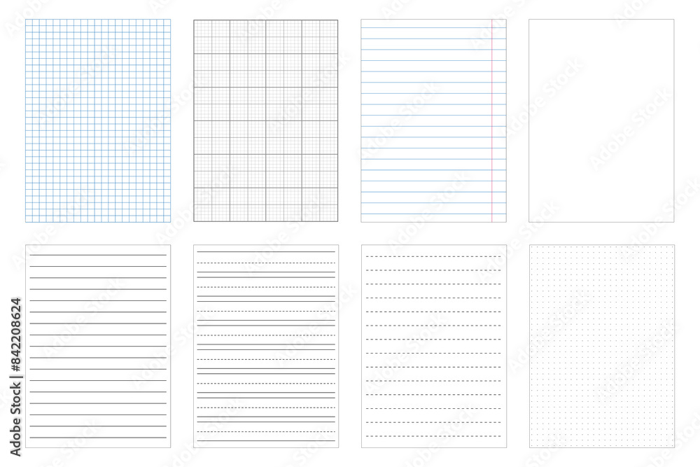 Set of paper sheets. Grid, lined, blank. Vector templates. Set of paper sheets. Grid, lined, blank. Vector templates.