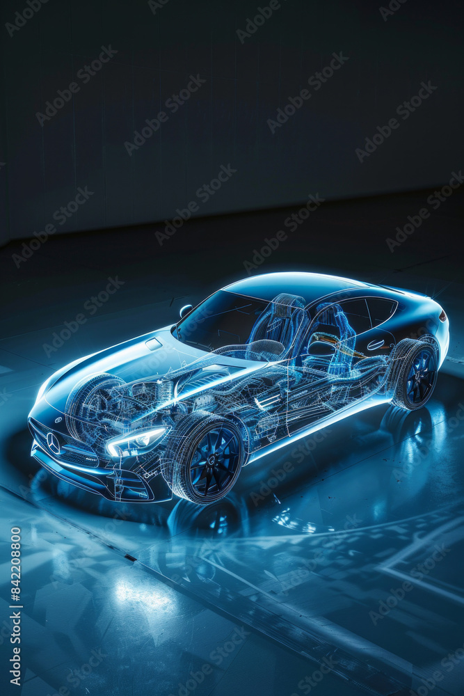 A sleek car with part of it in digital form, showcasing internal components A sleek car with part of it in digital form, showcasing internal components