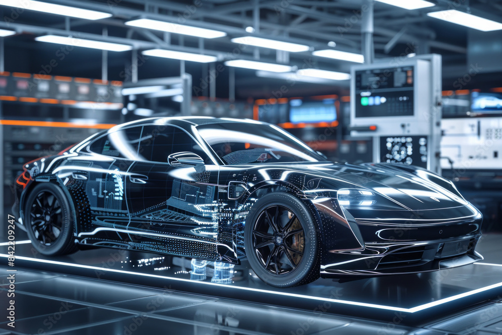 A sleek car with part of it in digital form, showcasing internal components A sleek car with part of it in digital form, showcasing internal components