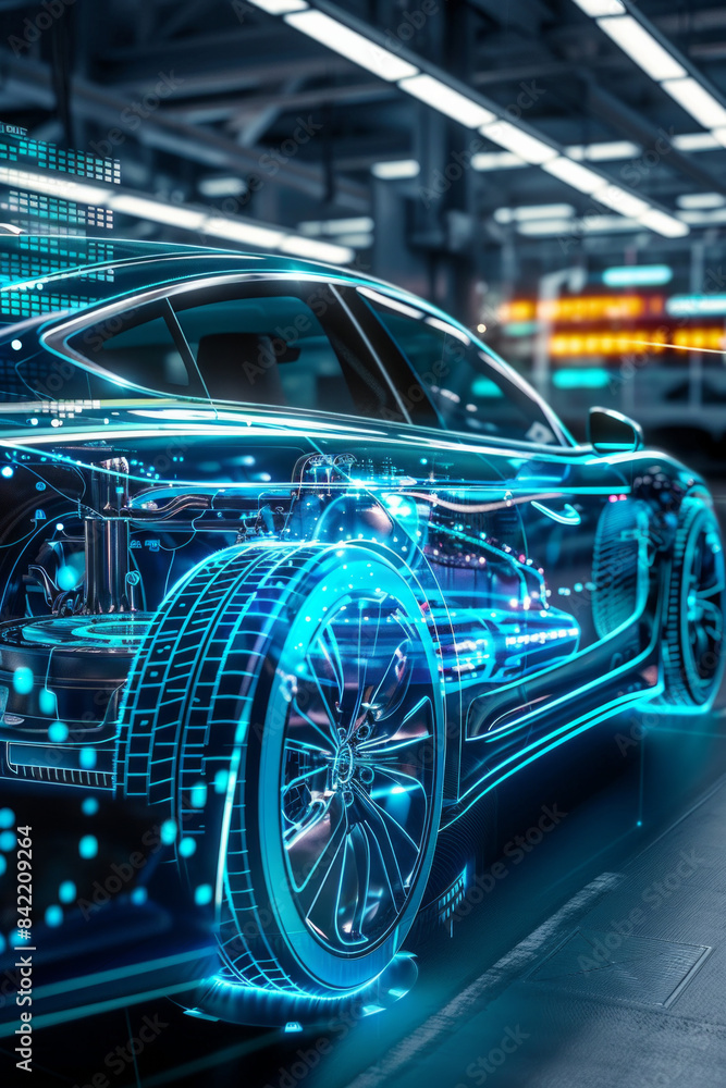 A sleek car with part of it in digital form, showcasing internal components A sleek car with part of it in digital form, showcasing internal components