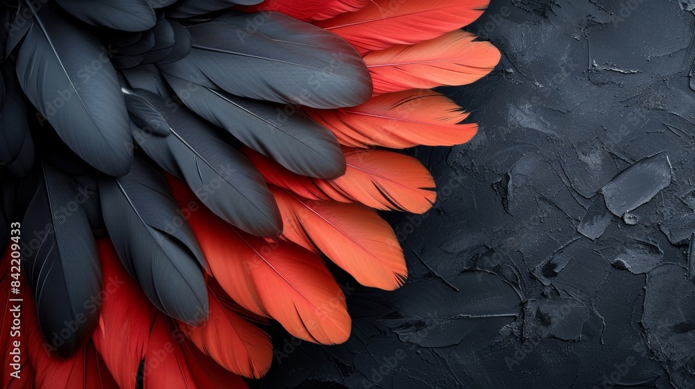 Red and black feathers on dark textured surface, abstract background. Nature and art concept Red and black feathers on dark textured surface, abstract background. Nature and art concept