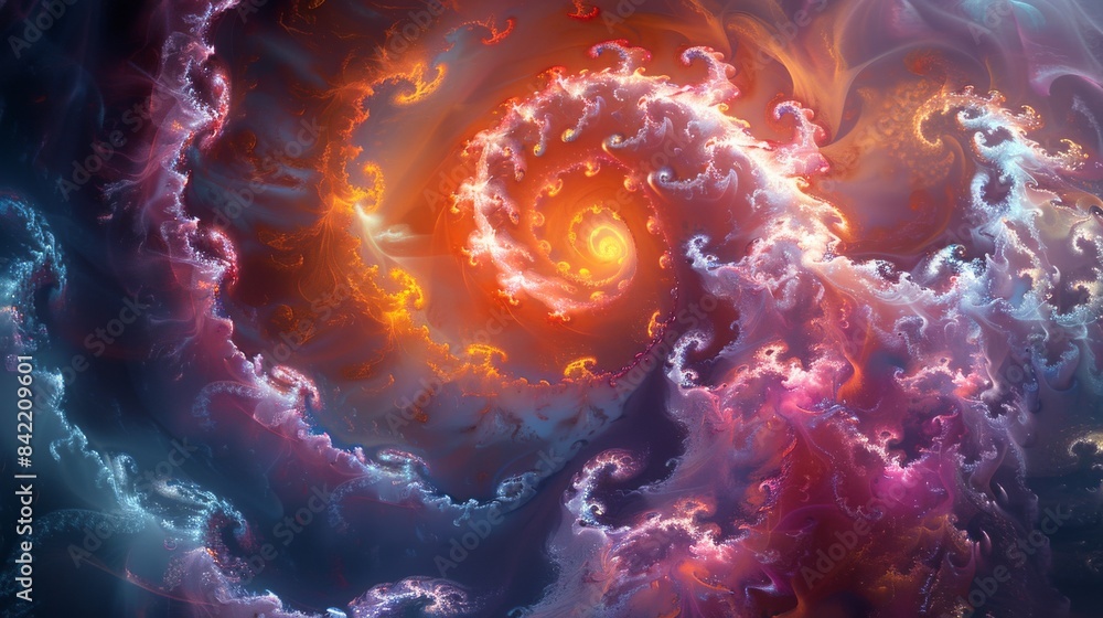 Abstract colorful fractal spiral, glowing swirls, and waves in vibrant hues. Digital fantasy artwork concept