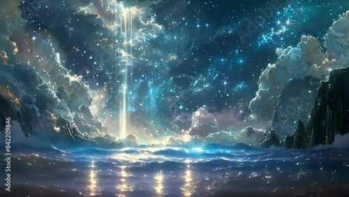 At the heart of the cosmos a breathtaking waterfall of stars pours into a cosmic sea its glistening streams mesmerizing all who behold its beauty.
