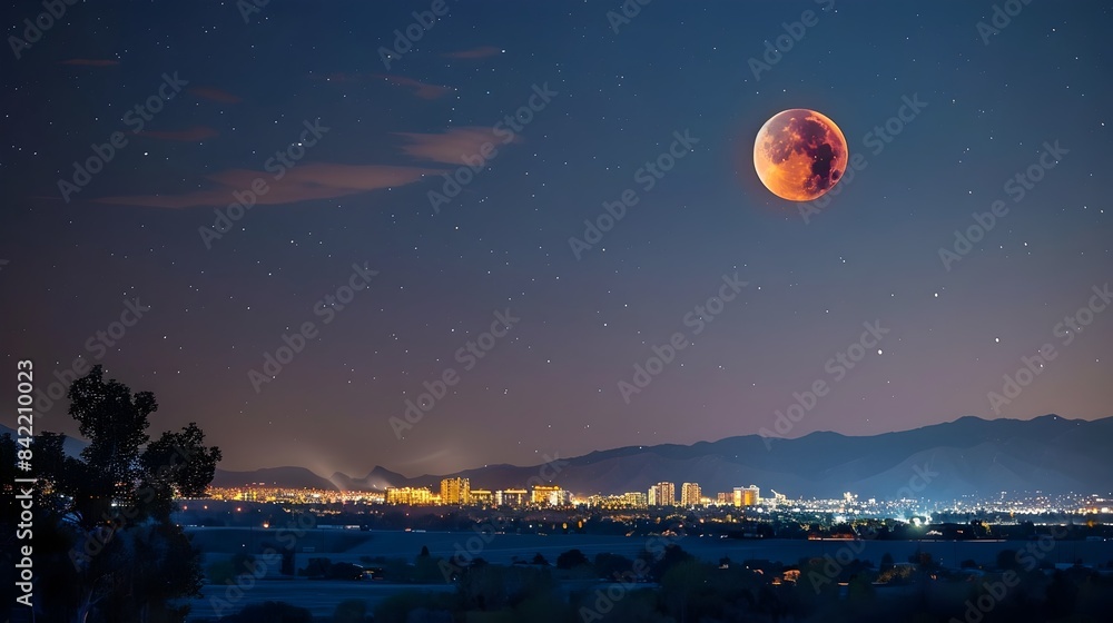 Breathtaking Lunar Eclipse Over Serene Cityscape Skyline Breathtaking Lunar Eclipse Over Serene Cityscape Skyline