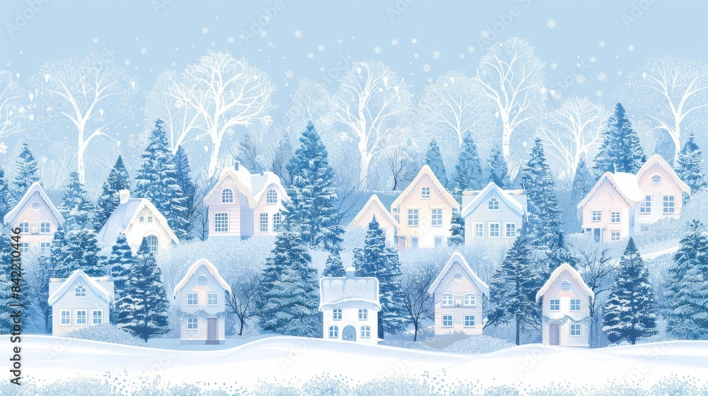 Naklejka premium Seamless Christmas Village Border with White Houses and Fir Trees on Light Blue Winter Background, Illustrating a Fairy Tale Winter Landscape