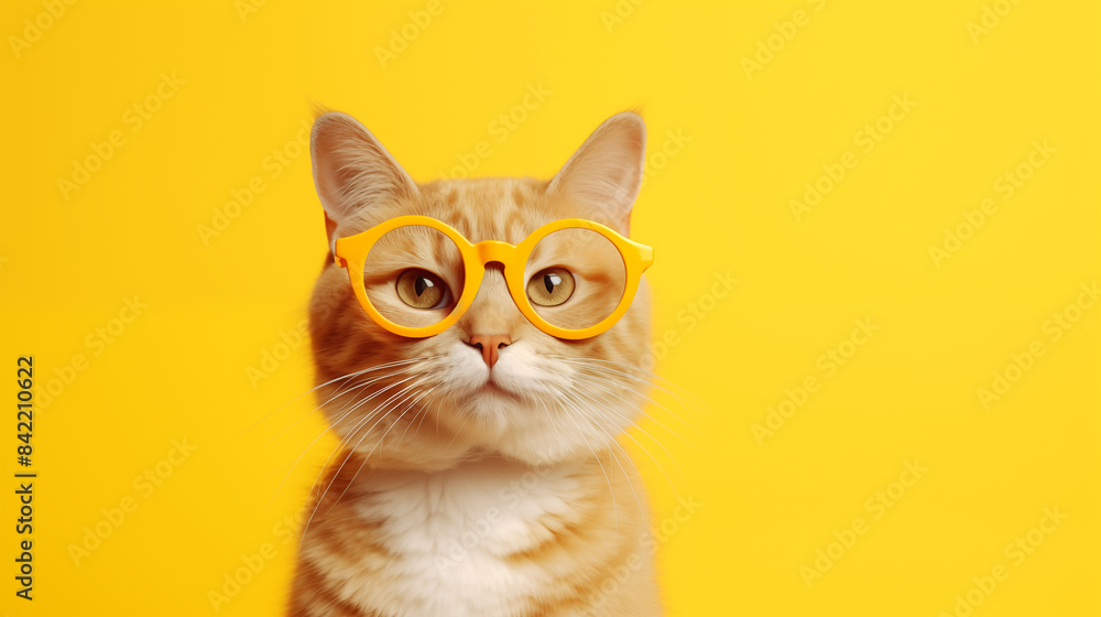 A mischievous cat sporting stylish spectacles and a contagious smile, adding a touch of whimsy to its portrait against a solid yellow background A mischievous cat sporting stylish spectacles and a contagious smile, adding a touch of whimsy to its portrait against a solid yellow background