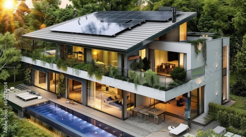 Beautiful modern house with solar panels and a swimming pool