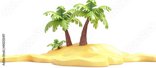 Desert island with 2 palm trees and yellow sand in style of classic honeymoon travel destination. photo