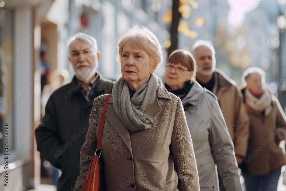 Elderly woman walking in the street with her family in the background Elderly woman walking in the street with her family in the background