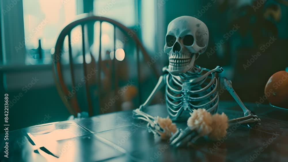 Skeleton sitting at a table in eerie light with Ai generated.
Skeleton sitting at a table in eerie light with Ai generated.