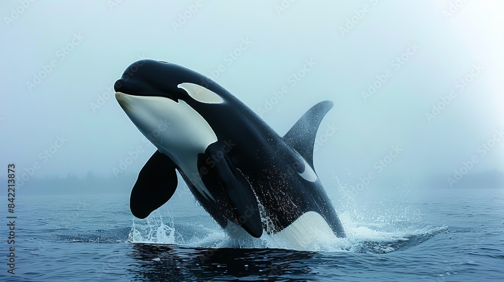 Fototapeta premium Majestic Orca Whale Breaching the Ocean Surface in a Stunning Display of Marine Wildlife Beauty at Sea Captured in High-Resolution Photography