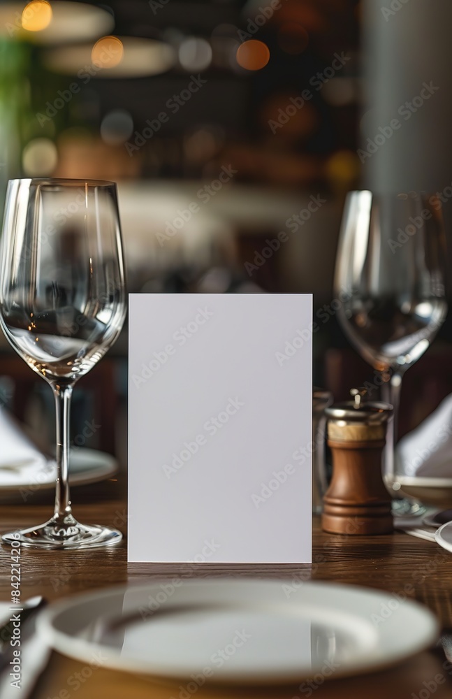 Blank A5 White Card on Elegant Restaurant Table with Wine Glasses, Napkins, and Place Settings Creating a Refined and Sophisticated Dining Atmosphere Blank A5 White Card on Elegant Restaurant Table with Wine Glasses, Napkins, and Place Settings Creating a Refined and Sophisticated Dining Atmosphere