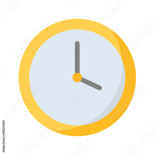 Yellow clock vector illustration in flat design style, circle clock icon design