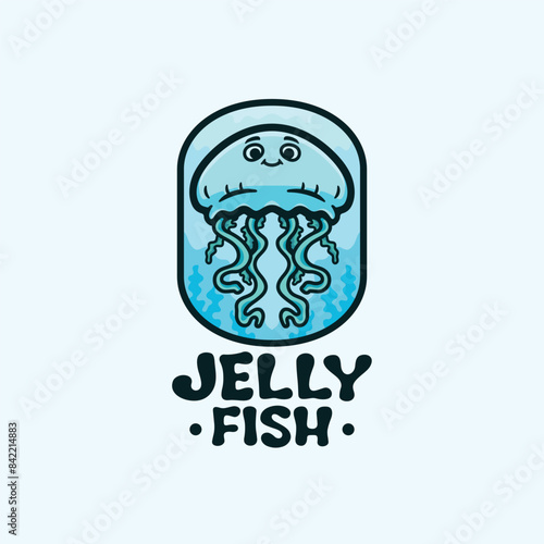 Jellyfish cartoon character and cute mascot illustration logo template vector design