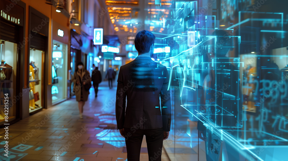 Fototapeta premium AI-Enhanced Holographic Retail in Futuristic Urban Environments