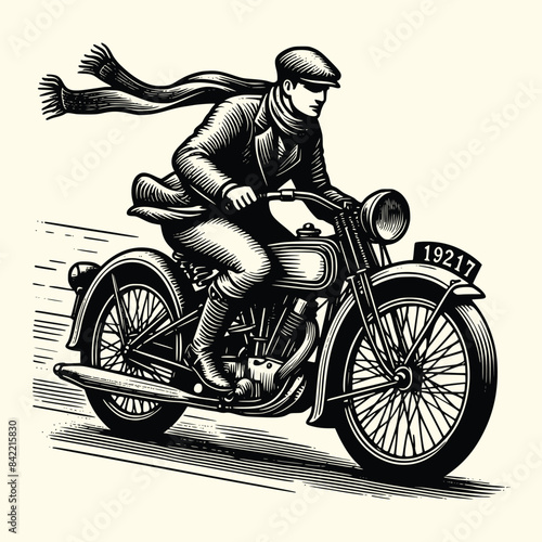 a man using motorcycle vector illustration with old engraving style