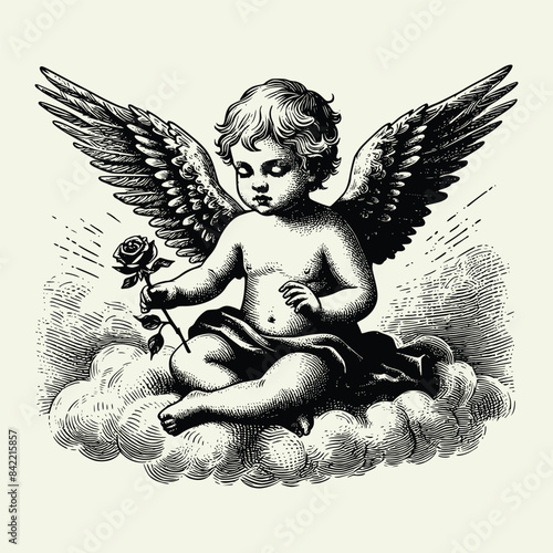 baby with wings old engraving vector style, baby vector illustration retro vintage handwriten style