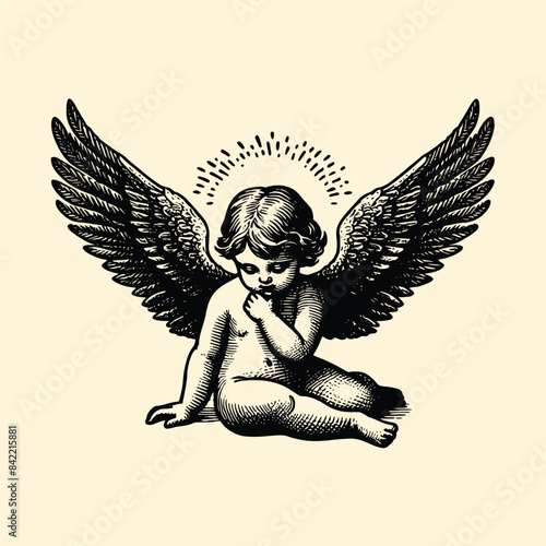 baby with wings old engraving vector style, baby vector illustration retro vintage handwriten style