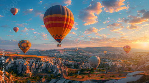 Colorful hot air balloon flying in blue sky