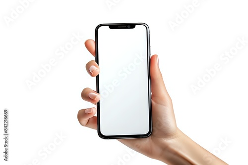 Sleek Smartphone Mockup: Woman's Hand Holding a Black Mobile Phone with Blank Screen Isolated on White Background