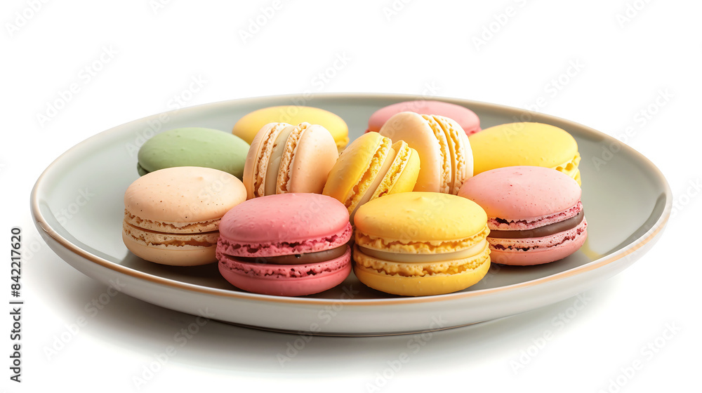 A beautifully arranged plate of assorted macarons in vibrant pastel colors, presented on a solid white background