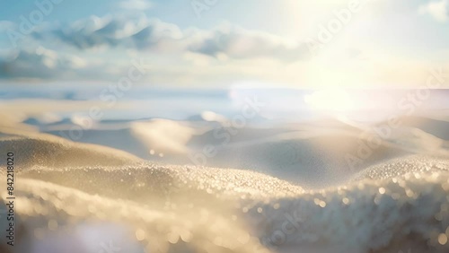 A serene beach with data being represented by grains of sand that can be sifted through and organized in the virtual data halls.