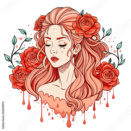 dreamy line art illustration of a woman with roses cascading down her hair