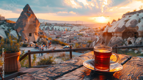Morning cup of tea with view of ancient Nevseh photo