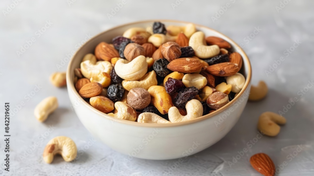 A bowl of mixed nuts and dried fruits, perfect for a healthy snack on the go A bowl of mixed nuts and dried fruits, perfect for a healthy snack on the go