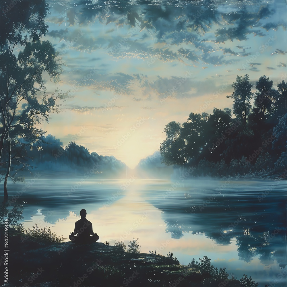 A person meditating by a tranquil lake at dawn A person meditating by a tranquil lake at dawn