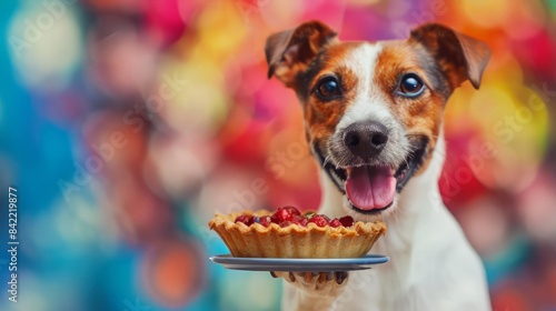 A closeup half body of charismatic dog holding cupcakes and smiling against a colorful Strange Bizarre sharpen blur background with copy space