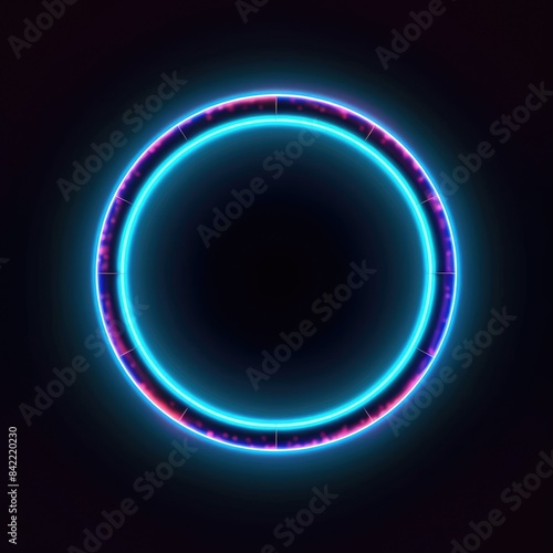 Circular neon light rings on dark background with reflective surface. Contemporary design for vibrant backgrounds and circular concepts. Luminous light with vibrant color in circle shape. AIG35.