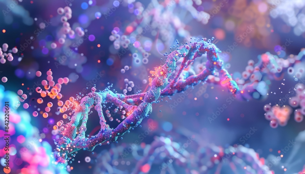 A digital rendering of DNA molecules, emphasizing the intricate patterns and sequences of genetic material A digital rendering of DNA molecules, emphasizing the intricate patterns and sequences of genetic material