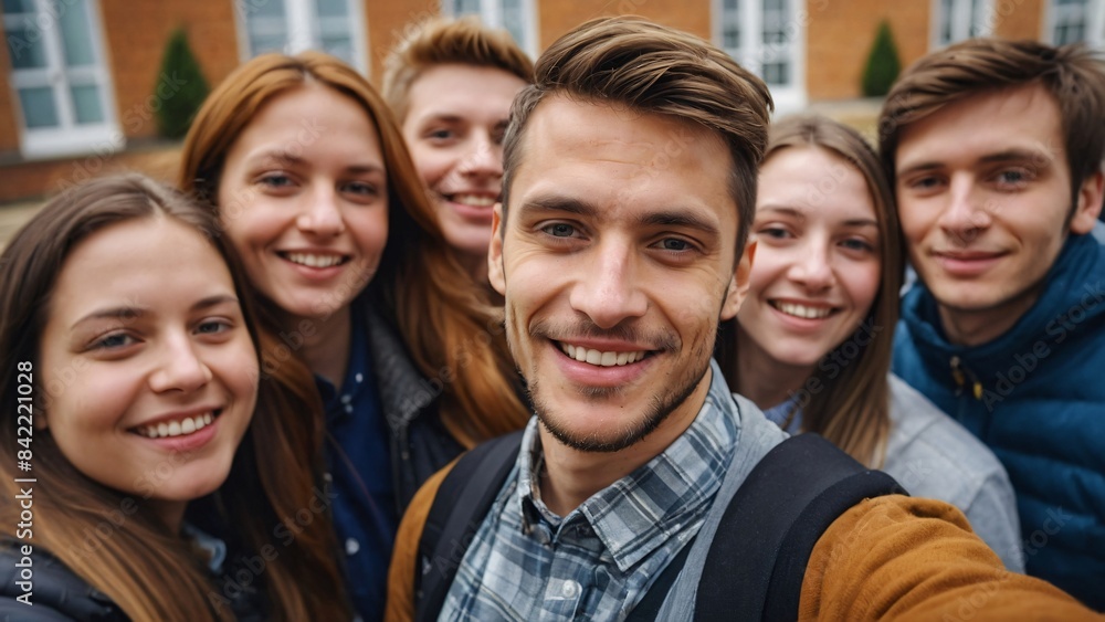 Obraz premium Happy students taking selfies outside the campus building