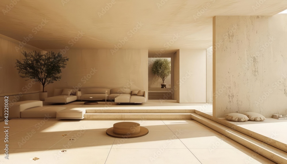 A minimalist living room with sleek furniture, neutral colors, and open space creating a calm and modern home environment A minimalist living room with sleek furniture, neutral colors, and open space creating a calm and modern home environment